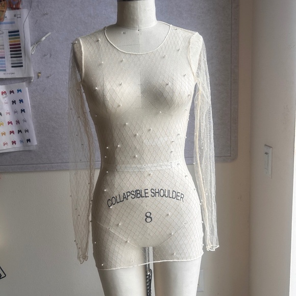 PrettyLittleThing WHITE MESH PEARL DETAIL BEACH DRESS Coverup Festival Sheer - Picture 4 of 6